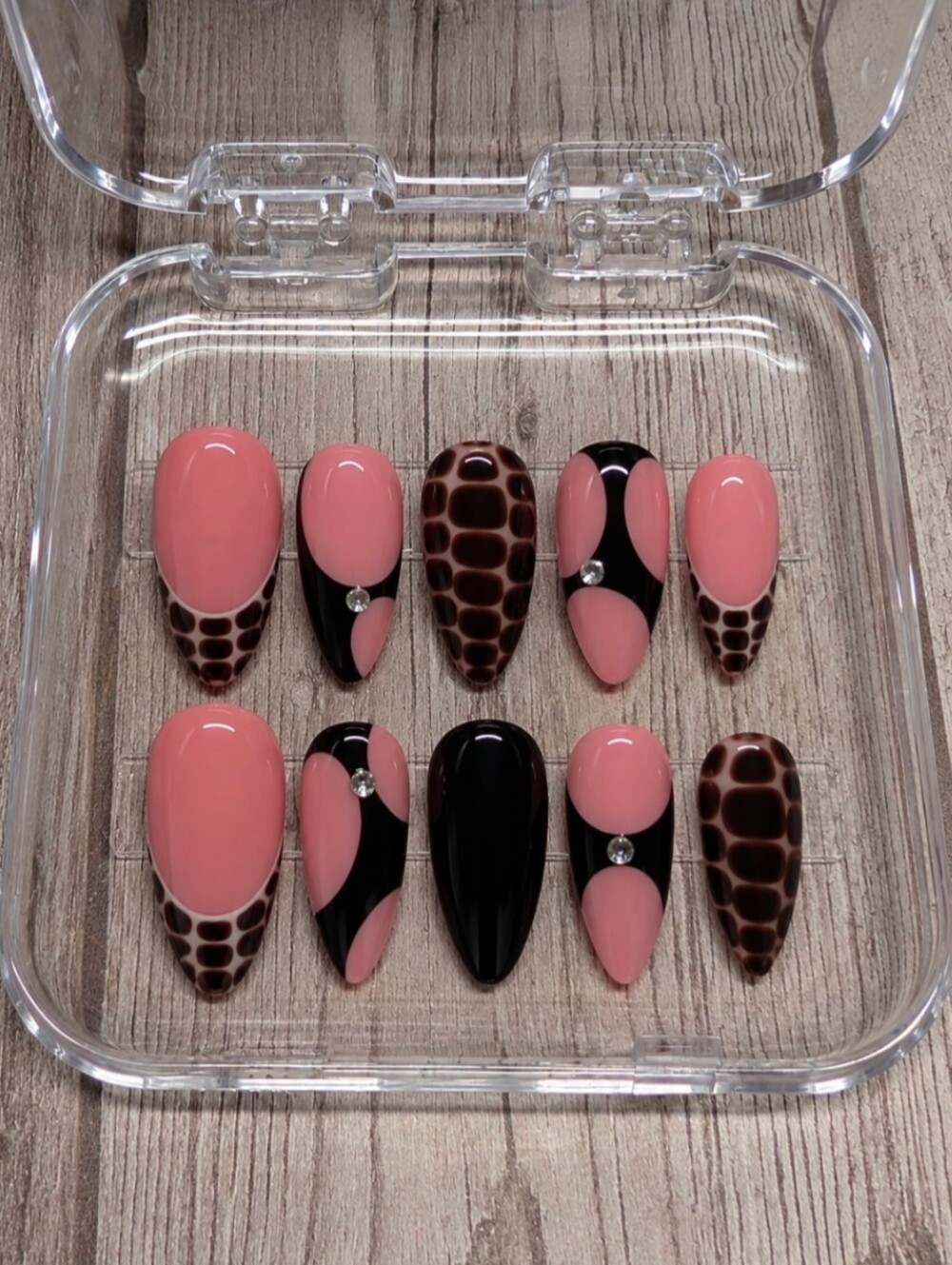 Press-On Nail Set - Pink, Black & Brown Blooming Gel!